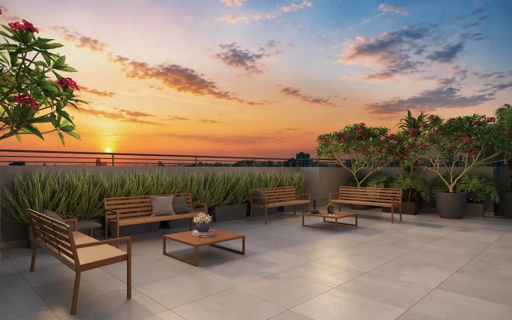 Perspectiva ilustrada do lounge no rooftop